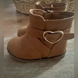 Brown Faux Leather Toddler Girls Boots with Heart Buckle